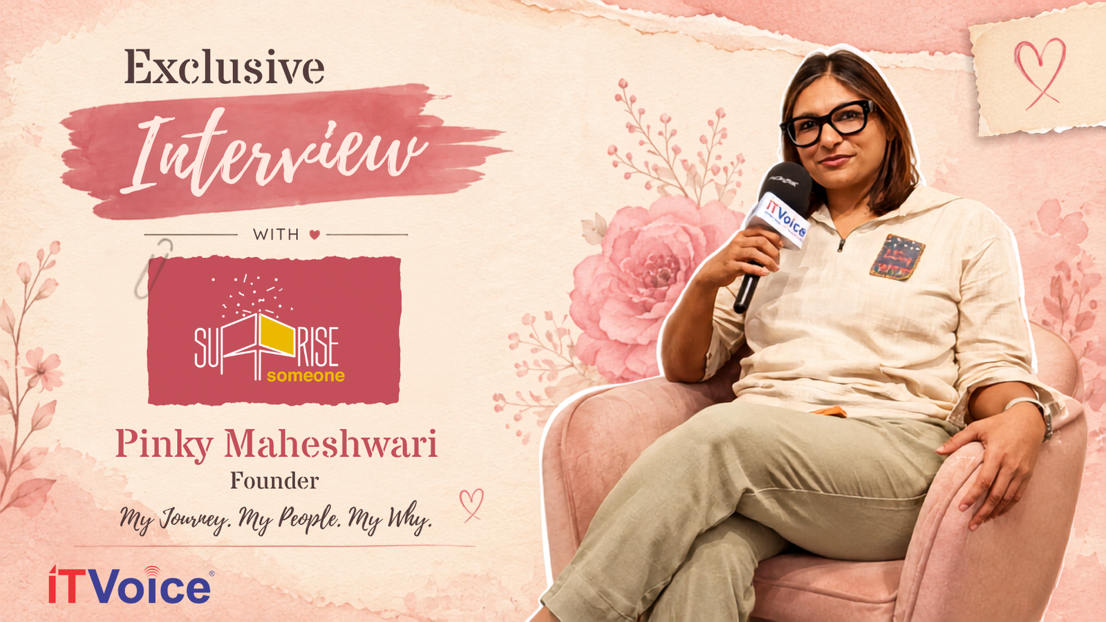 Pinky Maheshwari in conversation with ITVOICE, both seated with microphones in a podcast studio